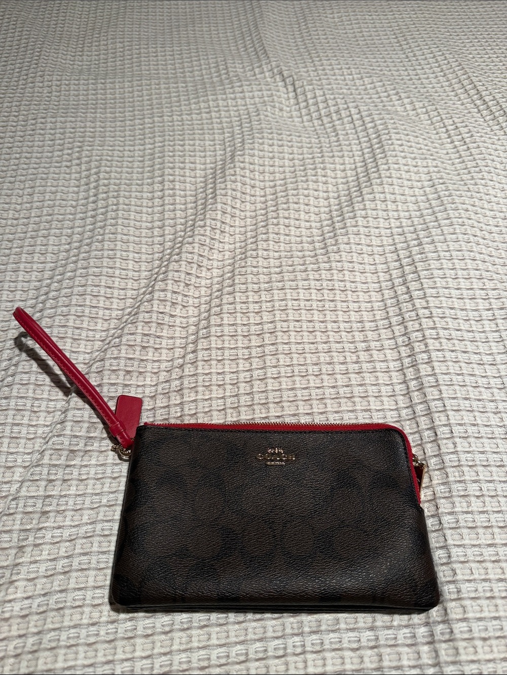 Coach Brown Signature Canvas Wristlet with Red Trim